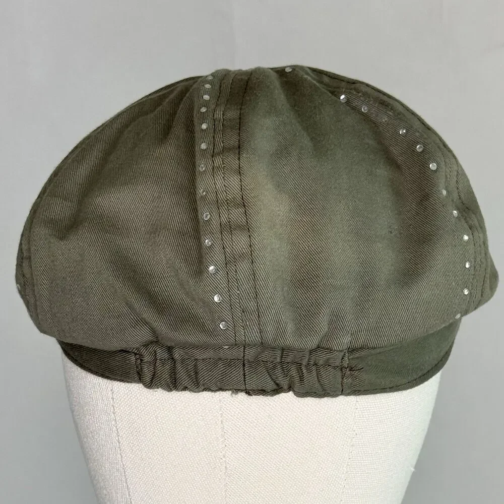 BONGO Newsboy Hat Cap One Size Khaki Olive Green Mini Rhinestones Y2K 90s Bling